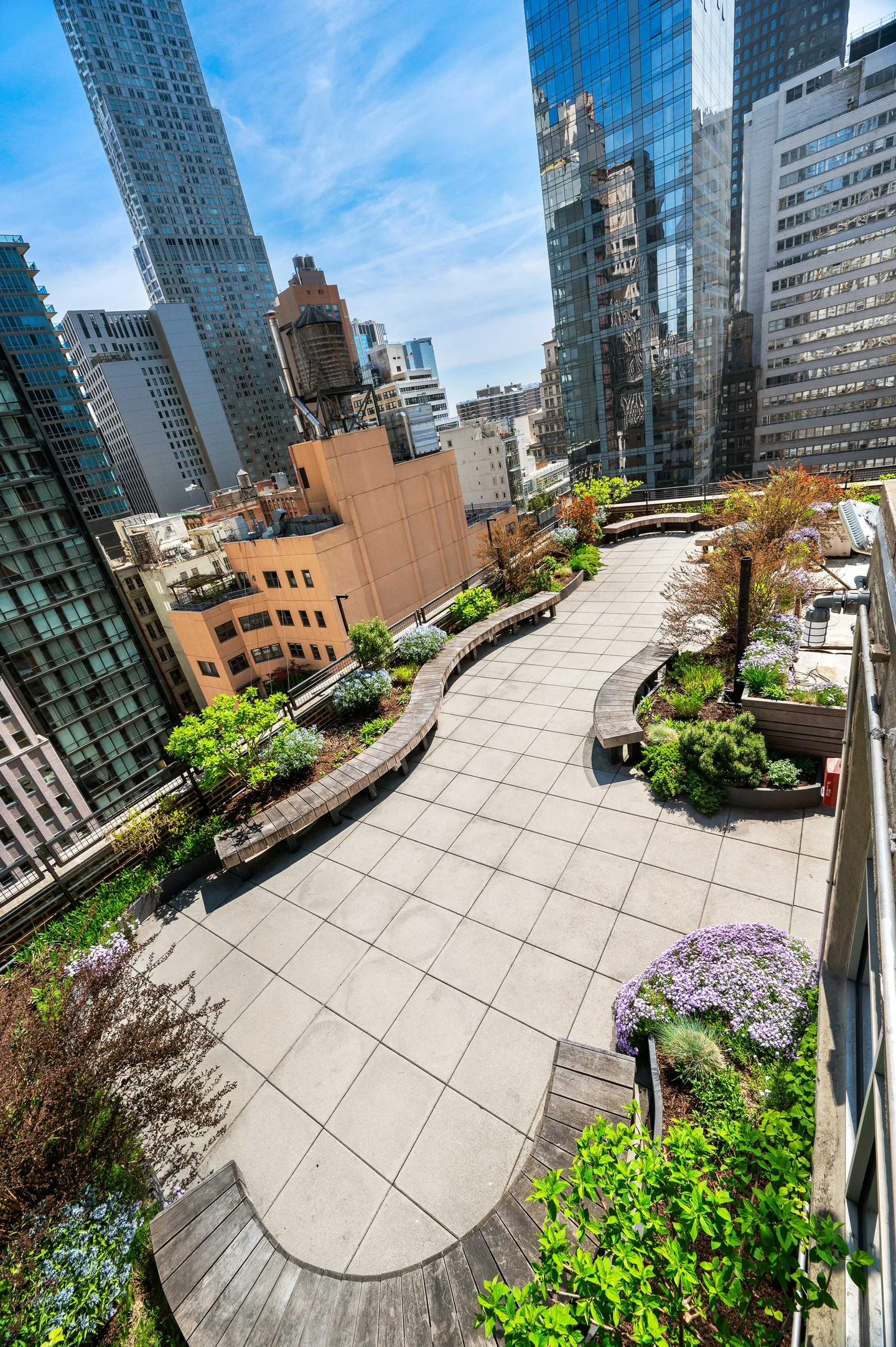 Aerial view of a rooftop garden with benches and plants.